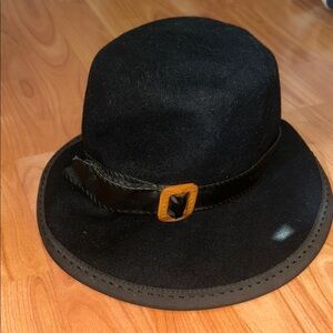 Vintage 1950s Black Wool Hat:
Leather Band, Valerie Modes